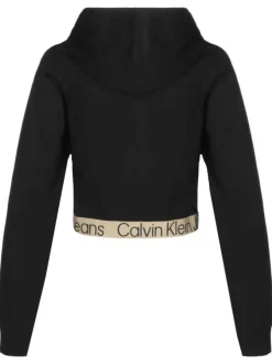 Sweat à capuche noir uni avec une coupe droite col croisé et logotypé