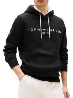 Sweat à capuche noir uni à coupe droite avec le nom de la marque brodé