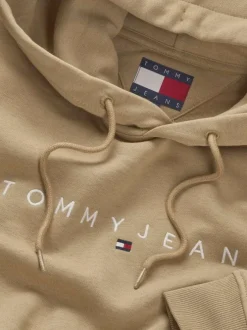 Sweat à capuche sable uni en coton avec une poche kangourou et nom de la marque