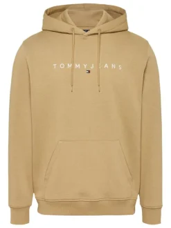 Sweat à capuche sable uni en coton avec une poche kangourou et nom de la marque