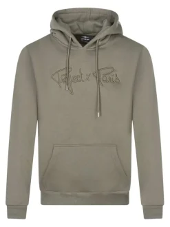 Sweat à capuche vert uni à coupe droite avec le nom de la marque brodé en relief