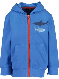 Sweat à capuche zippé bleu en coton avec poches ventrales et requins floqués