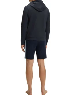 Sweat à capuche zippé en coton bleu marine uni à coupe droite avec le logo