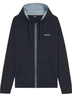 Sweat à capuche zippé en coton bleu marine uni à coupe droite avec le logo
