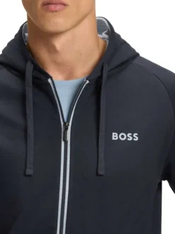 Sweat à capuche zippé en coton bleu marine uni à coupe droite avec le logo