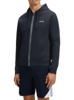 Sweat à capuche zippé en coton bleu marine uni à coupe droite avec le logo