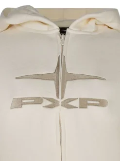 Sweat à capuche zippé en coton écru à coupe droite avec le logo brodé