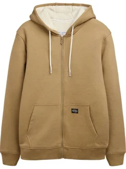 Sweat à capuche zippé en coton mélangé beige uni à coupe droite