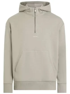 Sweat à capuche zippé en coton mélangé beige uni à coupe droite avec une poche