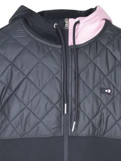 Sweat à capuche zippé en coton mélangé bleu marine bi-matière à coupe droite