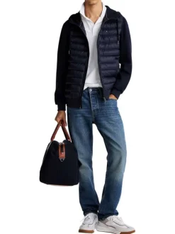 Sweat à capuche zippé en coton mélangé bleu marine matelassé à coupe droite
