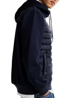 Sweat à capuche zippé en coton mélangé bleu marine matelassé à coupe droite