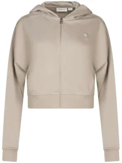 Sweat à capuche zippé en coton mélangé mauve uni avec une coupe droite