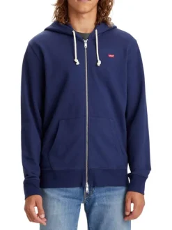 Sweat à capuche zippé, en coton molletonné bleu marine, poches ventrales