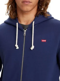 Sweat à capuche zippé, en coton molletonné bleu marine, poches ventrales