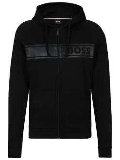 Sweat à capuche zippé en coton noir uni coupe droite avec un col à capuche