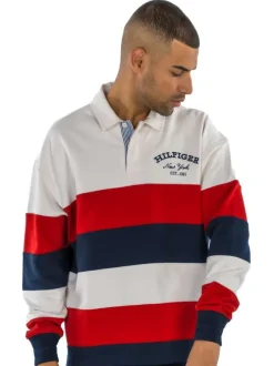 Sweat à col boutonné écru avec coupe droite et nom de la marque brodé