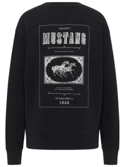 Sweat coton noir à imprimé avec un col rond et des manches longues