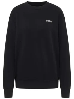 Sweat coton noir à imprimé avec un col rond et des manches longues
