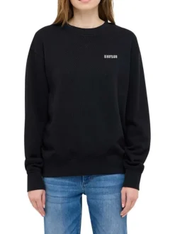 Sweat coton noir à imprimé avec un col rond et des manches longues