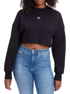 Sweat Crop Top en coton noir uni avec dos nu fermé par un lien