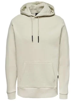 Sweat écru en coton mélangé uni col à capuche et poche kangourou