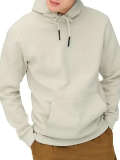 Sweat écru en coton mélangé uni col à capuche et poche kangourou