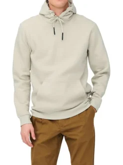 Sweat écru en coton mélangé uni col à capuche et poche kangourou