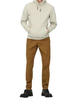 Sweat écru en coton mélangé uni col à capuche et poche kangourou