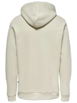 Sweat écru en coton mélangé uni col à capuche et poche kangourou