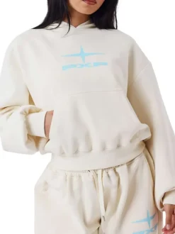 Sweat écru uni avec une coupe cropped à capuche et à manches longues