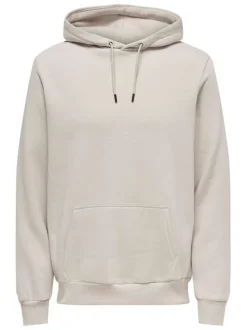 Sweat écru uni coupe droite avec un col à capuche et une poche kangourou