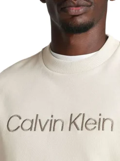 Sweat en coton beige uni à col rond en bord-côte avec le nom de la marque