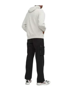 Sweat en coton beige uni coupe droite avec un col à capuche et étiquette cousue