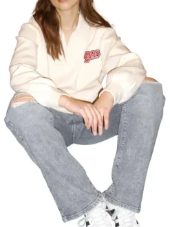 Sweat en coton biologique mélangé écru uni à col à revers et à coupe oversize