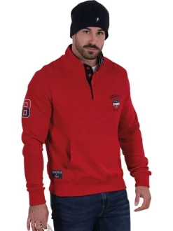 Sweat en coton biologique rouge uni avec une coupe droite et un col camionneur