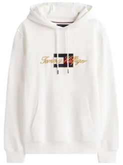 Sweat en coton blanc fantaisie pourvu d'un col à capuche avec cordons de serrage