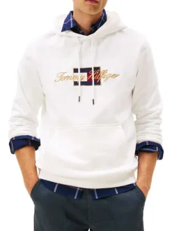 Sweat en coton blanc fantaisie pourvu d'un col à capuche avec cordons de serrage