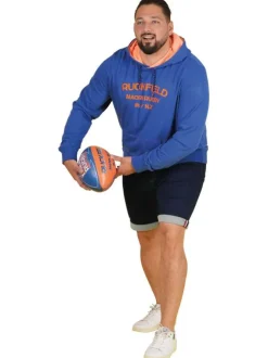 Sweat en coton bleu uni pourvu de manches longues et d'une capuche