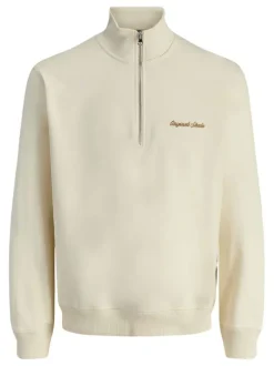 Sweat en coton écru uni avec un col montant et fermeture à glissière