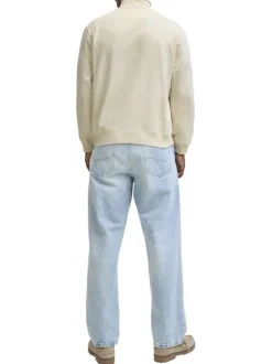 Sweat en coton écru uni avec un col montant et fermeture à glissière