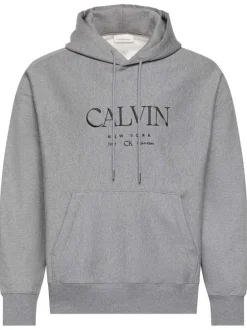 Sweat en coton gris à coupe droite pourvu d'un col à capuche