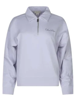 Sweat en coton lilas uni avec un col de polo zippé et des poignets élastiqués