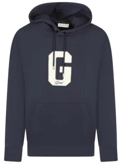 Sweat en coton marine brodé à coupe droite avec un col à capuche