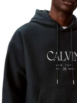 Sweat en coton marine à coupe droite pourvu d'un col à capuche