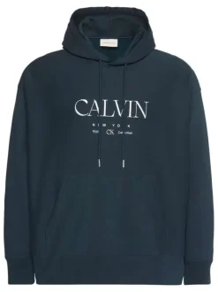 Sweat en coton marine à coupe droite pourvu d'un col à capuche
