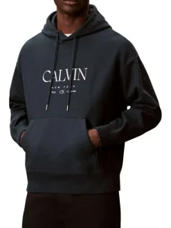 Sweat en coton marine à coupe droite pourvu d'un col à capuche