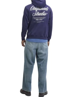 Sweat en coton marine uni avec un col à capuche et poche traversante