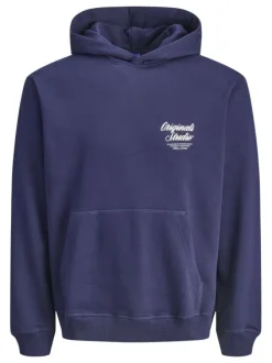 Sweat en coton marine uni avec un col à capuche et poche traversante
