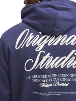 Sweat en coton marine uni avec un col à capuche et poche traversante
